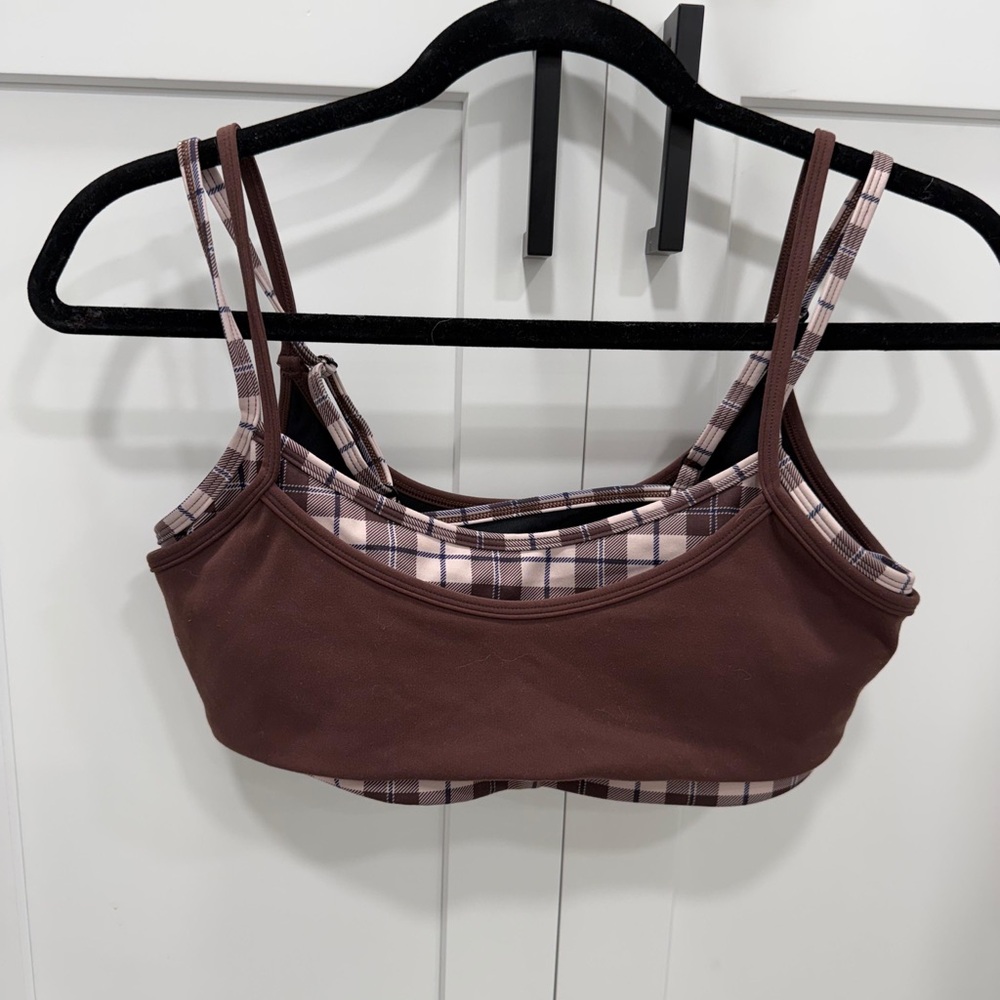 Liaison the label mocha brown plaid layer scoop bra size medium